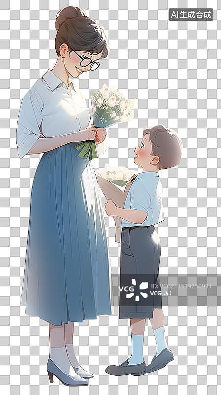 【AI数字艺术】拿着花束的老师和学生 教师节海报背景图片素材