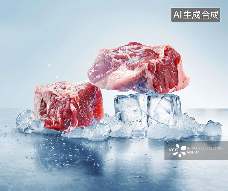 【AI数字艺术】多个冰块冻结生猪肉、牛肉、鸡肉、C4D图片素材
