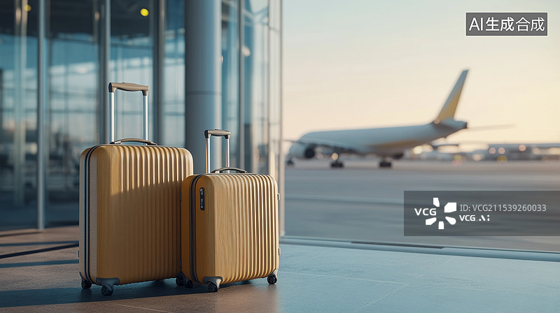 【AI数字艺术】机场窗边的旅行行李图片素材
