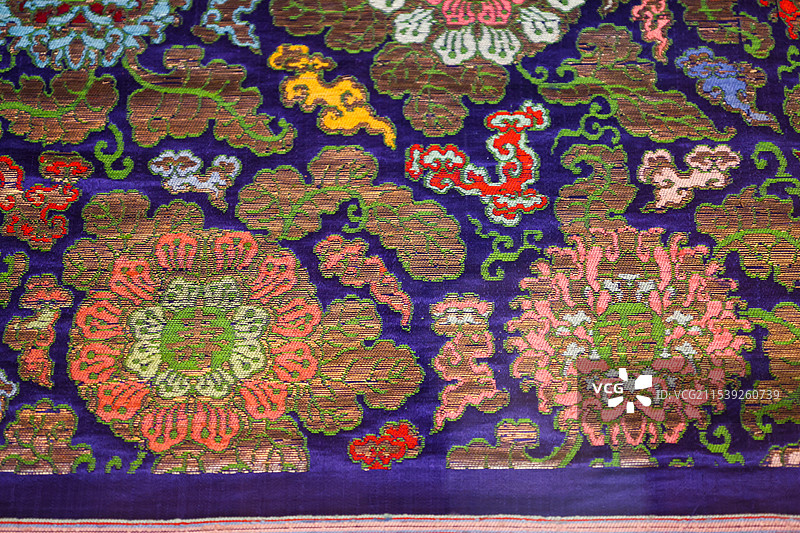 蓝地芙蓉宝相莲纹妆花缎清华大学艺术博物馆丝绣华章织绣部分图片素材