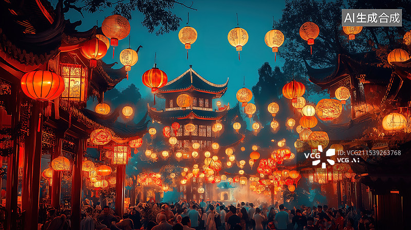 【AI数字艺术】中国古镇夜色灯笼图片素材