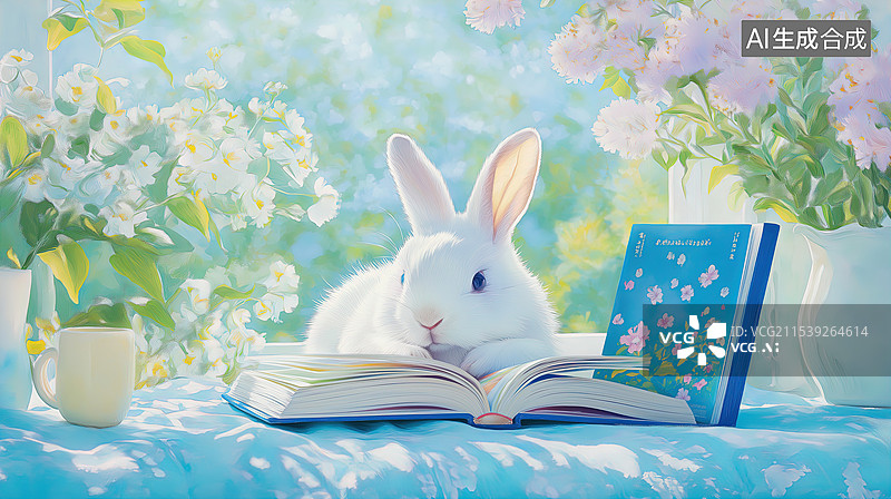 【AI数字艺术】窗边看书的白兔图片素材