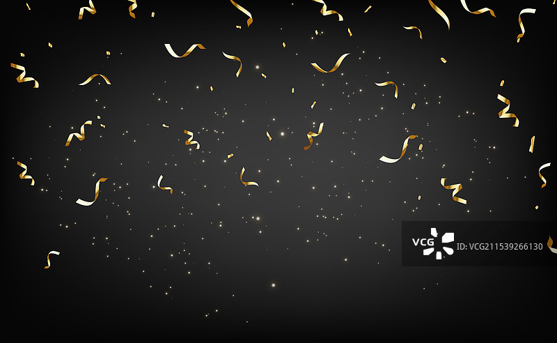 金色的彩带和星星在黑色背景上飘落图片素材