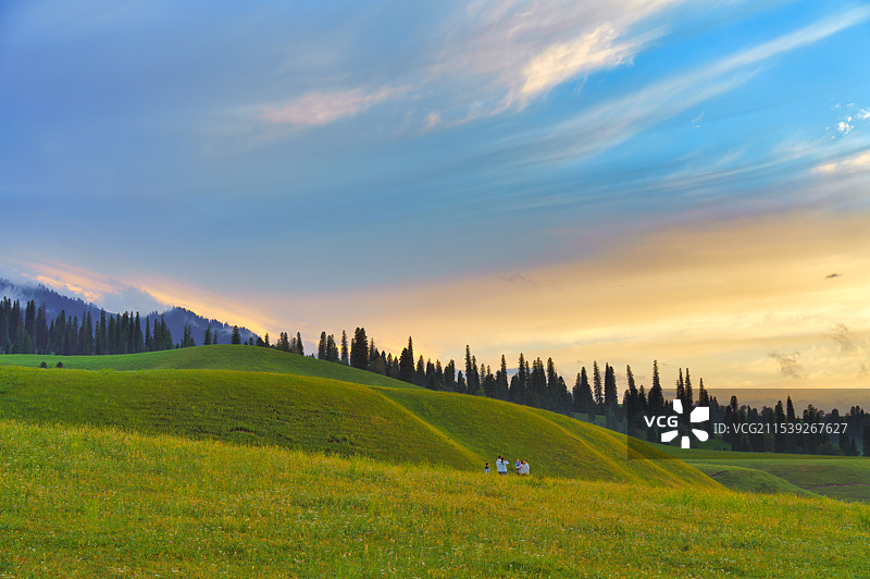 那拉提河谷草原：黄昏下的悠然时光图片素材