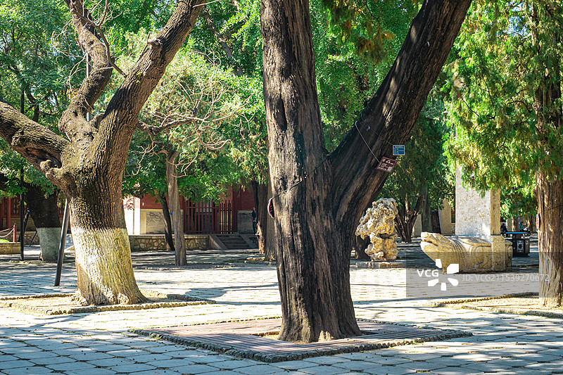 中国山东省泰安市泰山区泰山旅游景区著名景点，古代建筑行宫岱庙里的中式庭院拍摄主题，户外无人图像摄影图片素材
