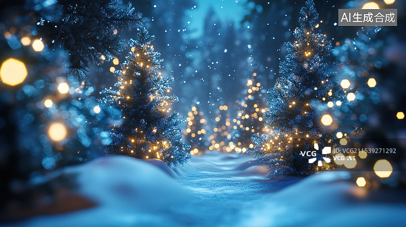 【AI数字艺术】冬日雪景中的圣诞树图片素材