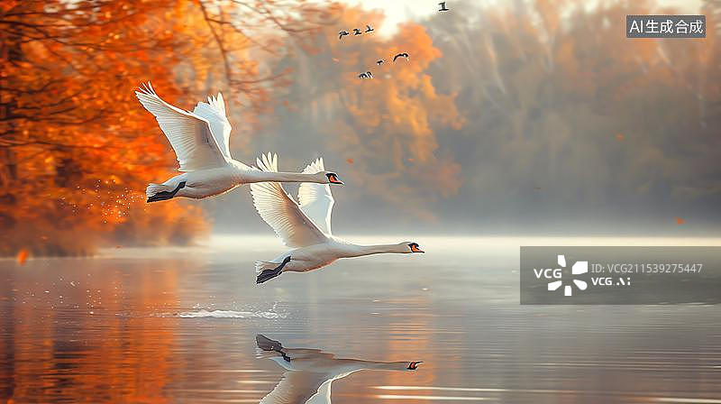 【AI数字艺术】湖面上的飞鸟与秋季风景图片素材