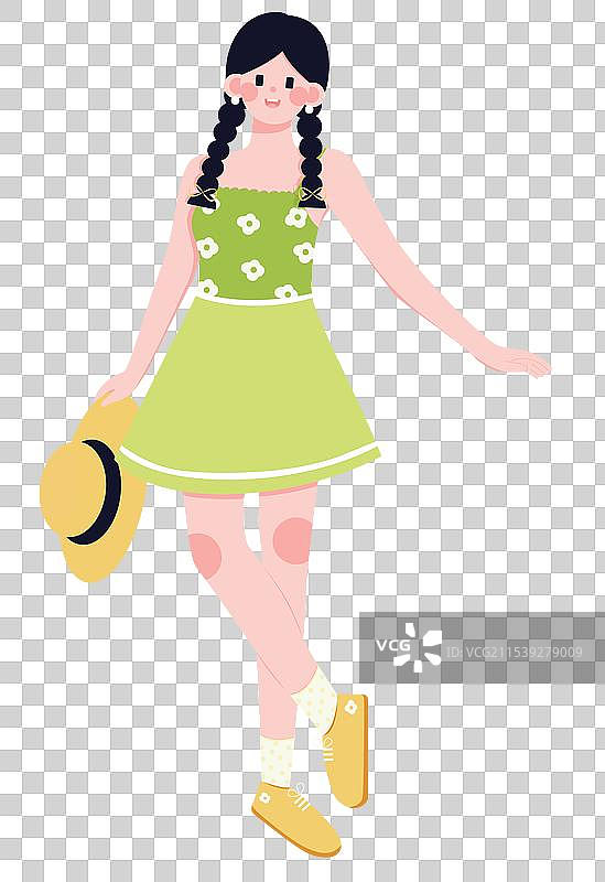 夏日双马尾女孩扁平风清新插画图片素材