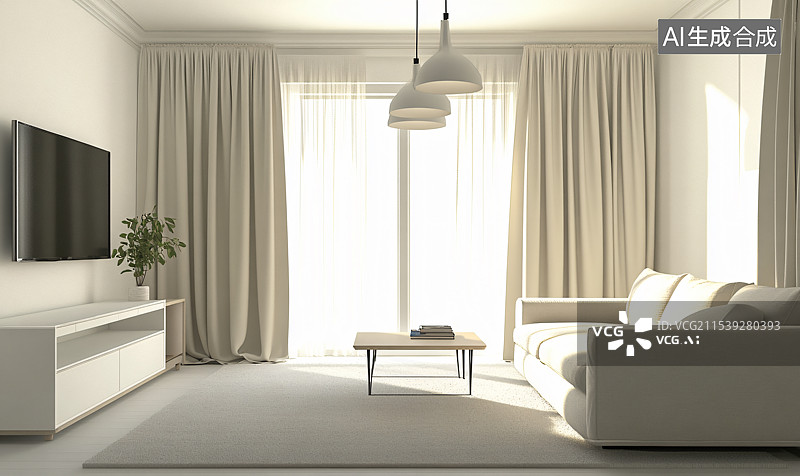 【AI数字艺术】一个温馨舒适的白色客厅，墙上挂着电视，窗户旁柔软的窗帘为空间增添了宁静宜人的氛围，是放松与娱乐的理想图片素材