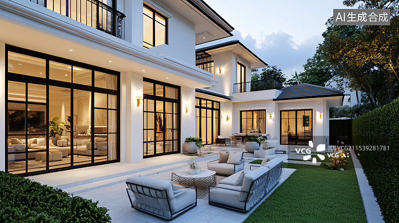 【AI数字艺术】一座现代复式别墅，配有宽敞的院子，融合优雅的设计和现代建筑，提供舒适时尚的居住体验。图片素材