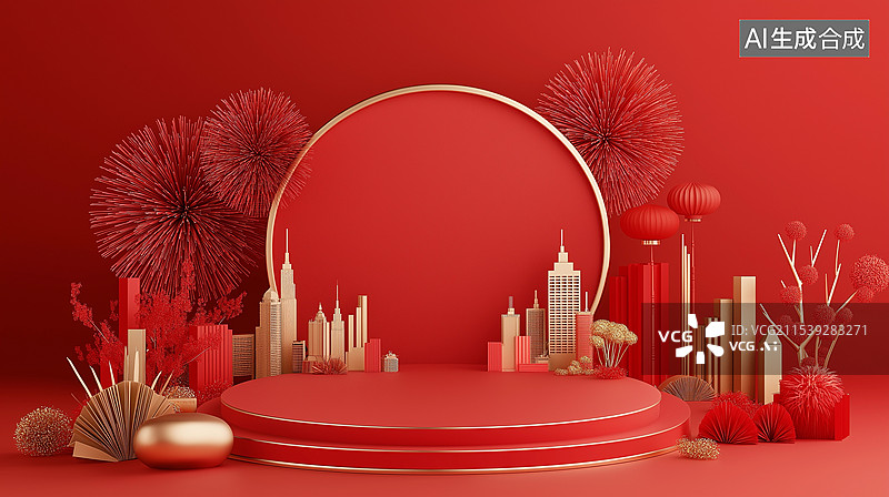 【AI数字艺术】新年喜庆红色背景——红色产品展台与灯笼、抽象城市天际线以及绽放的烟花图片素材