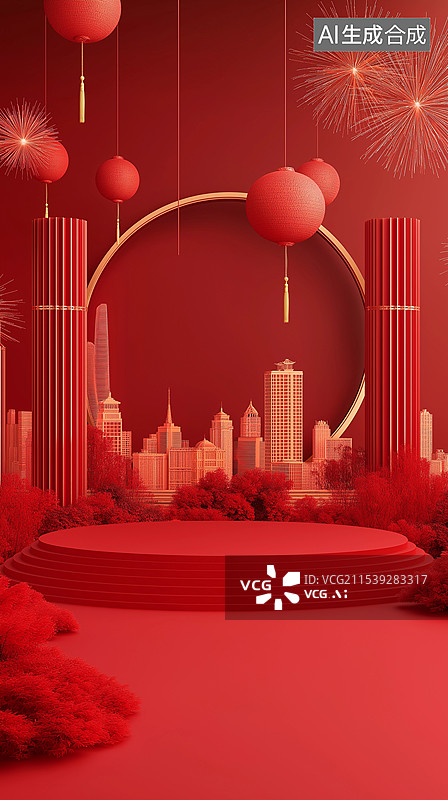 【AI数字艺术】新年喜庆红色背景——红色产品展台与灯笼、抽象城市天际线以及绽放的烟花图片素材
