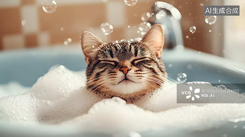 【AI数字艺术】宠物小猫洗澡泡沫图片素材