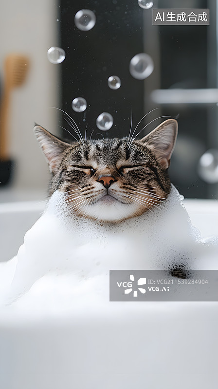 【AI数字艺术】宠物小猫洗澡泡沫图片素材