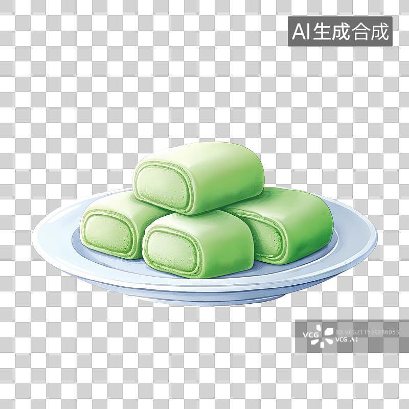 【AI数字艺术】手绘插画，一盘绿豆糕，糯米糕，茶食，茶点，零食，下午茶甜点，中国传统美食免抠元素图片素材