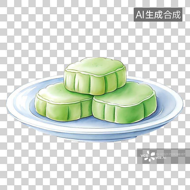 【AI数字艺术】手绘插画，一盘绿豆糕，糯米糕，茶食，茶点，零食，下午茶甜点，中国传统美食免抠元素图片素材