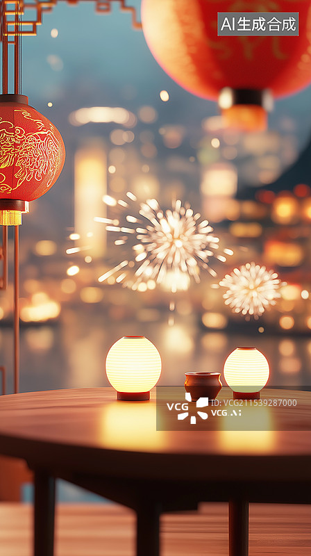 【AI数字艺术】春节喜庆红色背景——室内挂着红灯笼，空旷的桌面与窗外的烟花图片素材