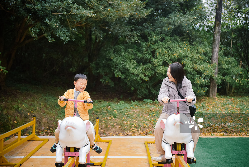 12月初冬，中国母子在浙江宁波奉化溪口杜鹃谷无动力游乐设施玩耍图片素材