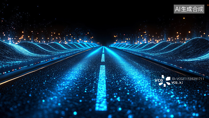 【AI数字艺术】蓝色粒子光线组成的数字化科技感道路图片素材
