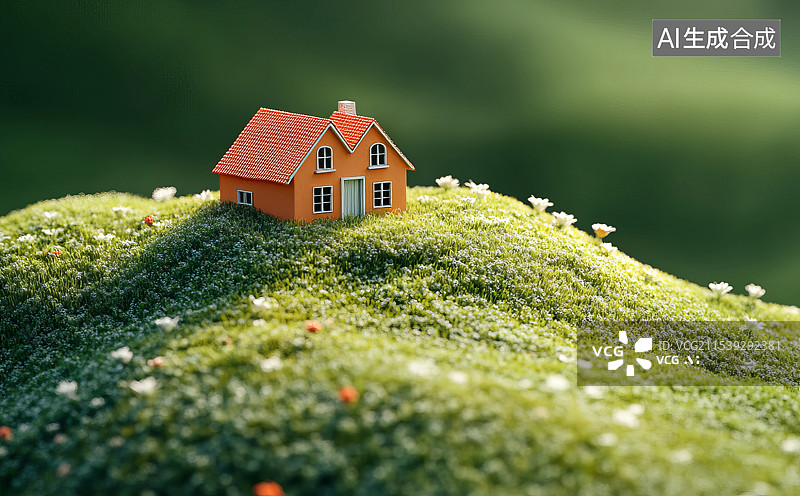 【AI数字艺术】春天绿色草坪上的房子模型场景图片素材