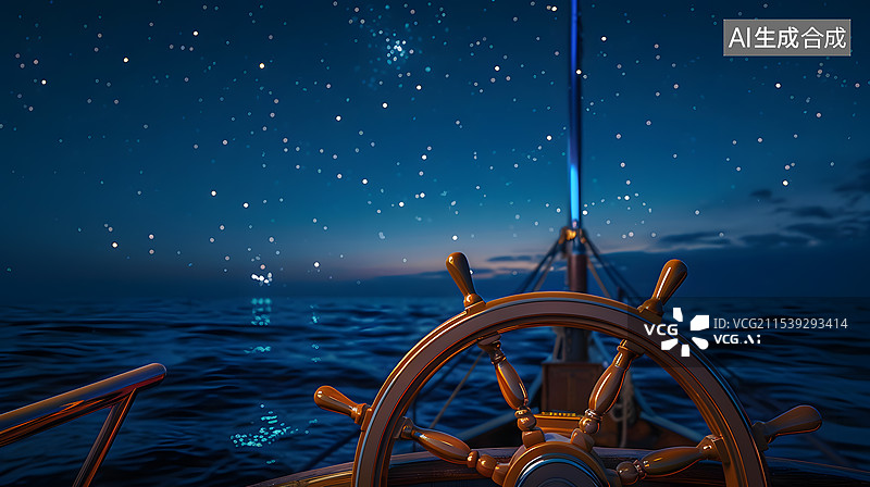 【AI数字艺术】夜晚大海轮船船舵图片素材