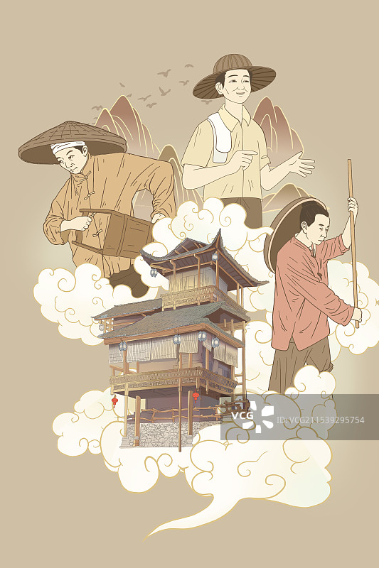 非遗吊脚楼插画图片素材
