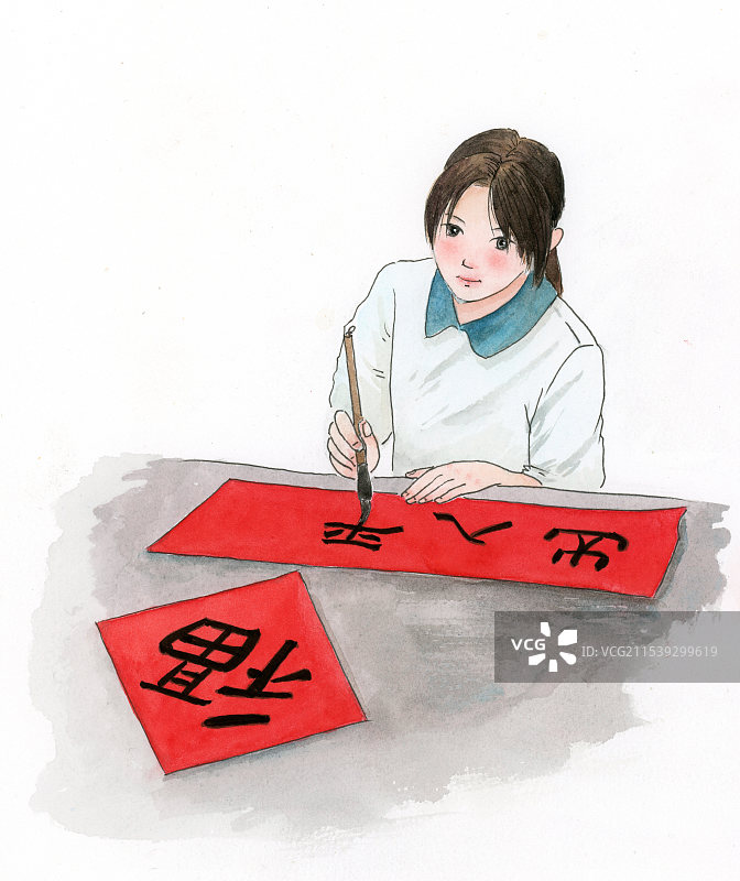 写对联的女孩写毛笔字春联写福字过年春节图片素材