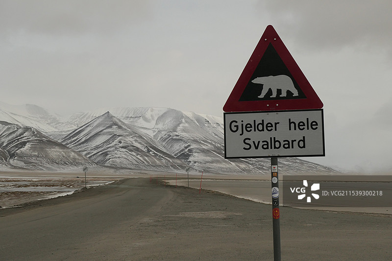 北极圈斯瓦尔巴岛朗伊尔城小镇北极熊出没标志图片素材