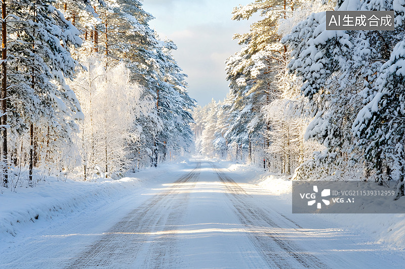 【AI数字艺术】冬季雪山公路路面，小雪 冬至 大寒 小寒 大雪图片素材