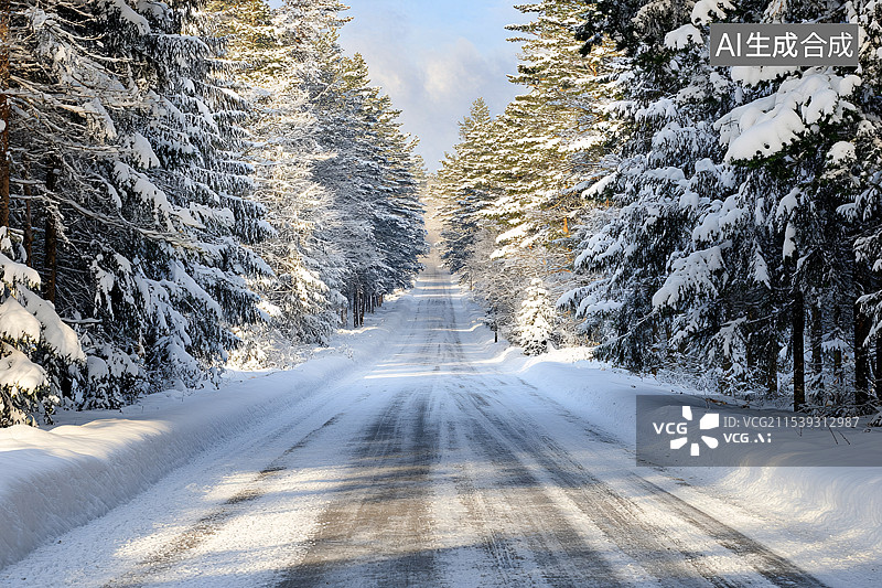 【AI数字艺术】冬季雪山公路路面，小雪 冬至 大寒 小寒 大雪图片素材