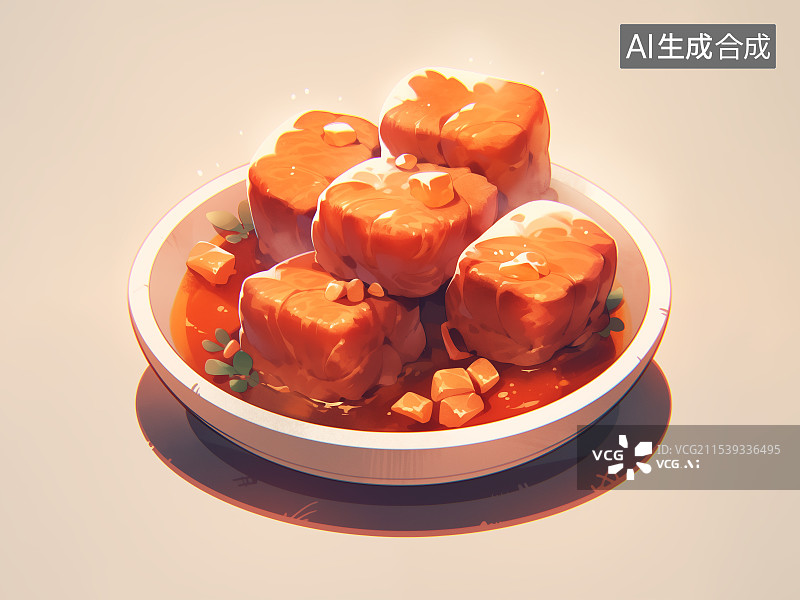 【AI数字艺术】一碗红烧肉块 豆制品类美食 带汤汁 白色陶瓷盘子小碗盛放，可爱卡通3D风格立体插画设计素材图片素材