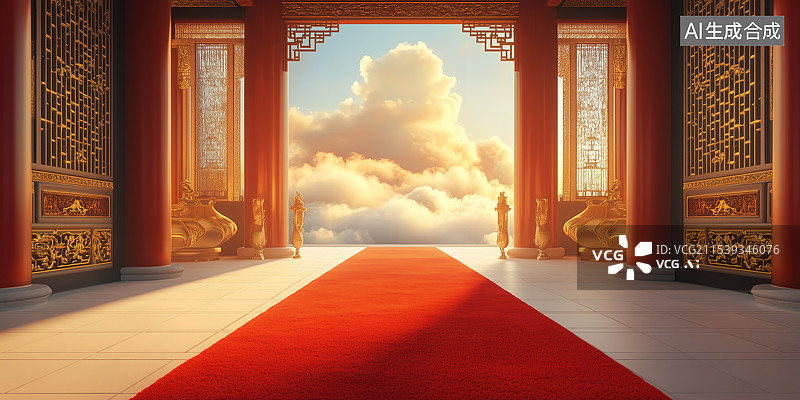 【AI数字艺术】古建筑大堂红地毯图片素材