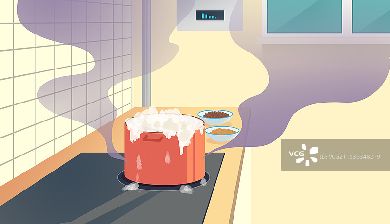 天然气煤气灶台液化气厨房家庭居家做饭做菜铁锅沸腾漫出煤气泄露安全隐患科普教育资讯插画图片素材