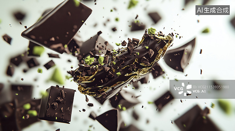 【AI数字艺术】黑巧克力泡在绿色抹茶薄荷奶油中3D卡通立体插画图片素材