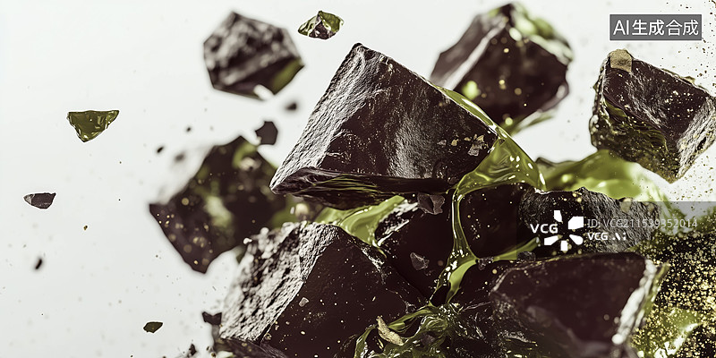 【AI数字艺术】黑巧克力泡在绿色抹茶薄荷奶油中3D卡通立体插画图片素材