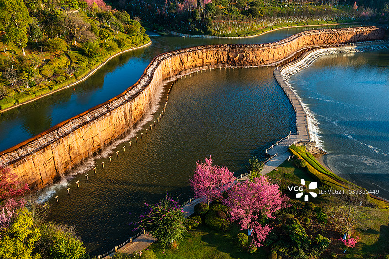云南省玉溪市两湖大瀑布和冬樱花图片素材