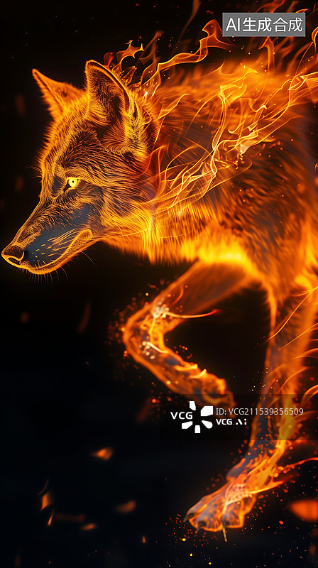 【AI数字艺术】燃烧的火焰狼图腾 竖版图片素材