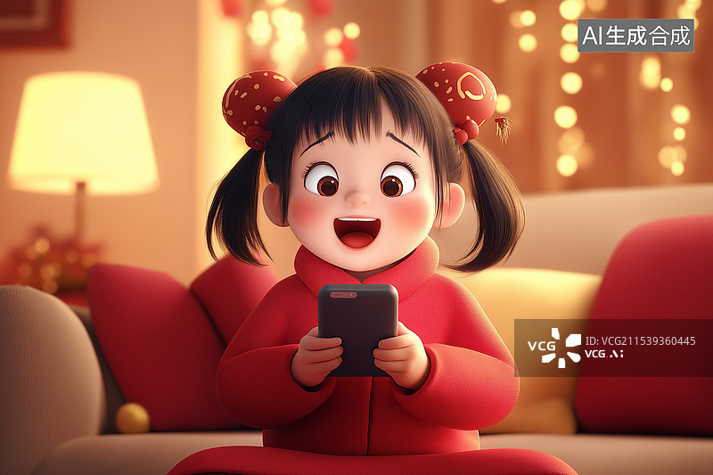 【AI数字艺术】中国小姑娘正在用手机图片素材