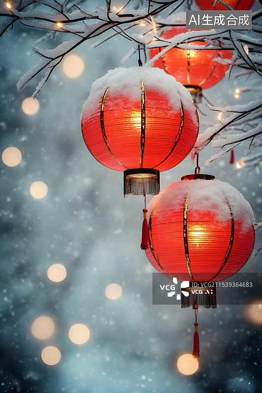 【AI数字艺术】【AI数字艺术】新年元素红灯笼和雪图片素材