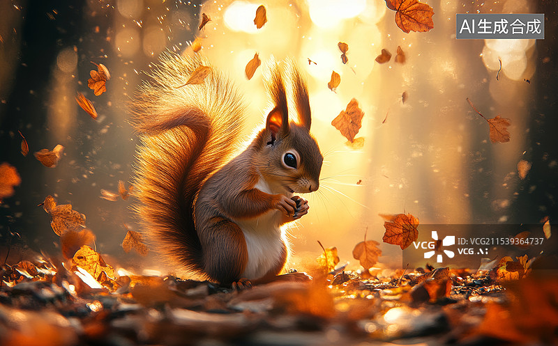 【AI数字艺术】一只红松鼠，它站在一个被雪覆盖的树桩上。背景是冬季的森林，阳光透过树木洒在松鼠身上，营造出温暖而宁静图片素材