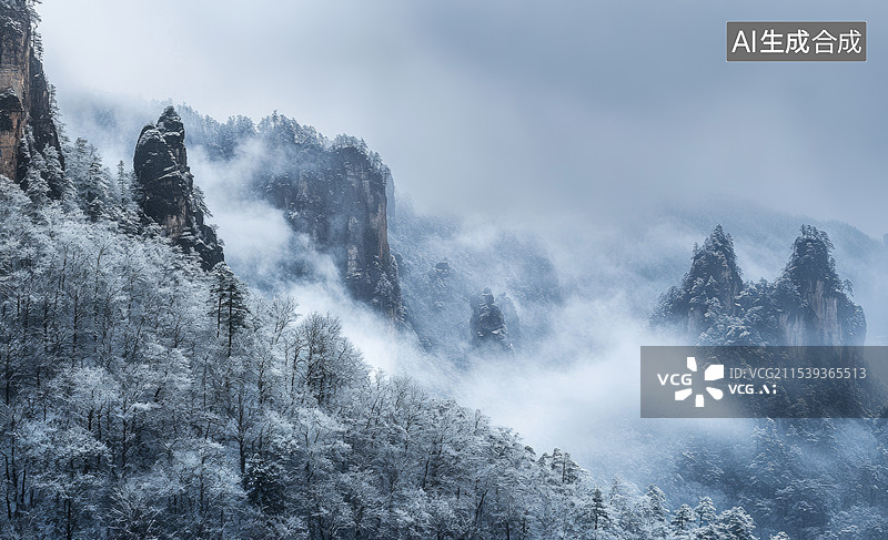 【AI数字艺术】一片壮观的山峰景观，山峰高耸入云，被薄雾笼罩。山体上覆盖着树木和植被，显得非常神秘和壮丽。图片素材