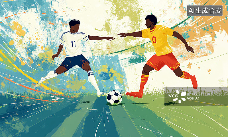 【AI数字艺术】一幅卡通风格的足球比赛场景，两个小男孩穿着相同的球衣，正在争抢一个足球。背景是简单的绿色场地图片素材