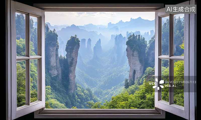 【AI数字艺术】一扇打开的窗户，窗外是一片壮丽的山景。远处的山脉被薄雾笼罩，显得朦胧而神秘。图片素材