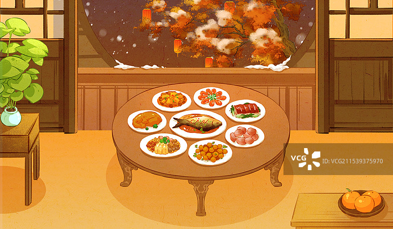 中国风大年三十团圆夜贺新岁年俗插画图片素材