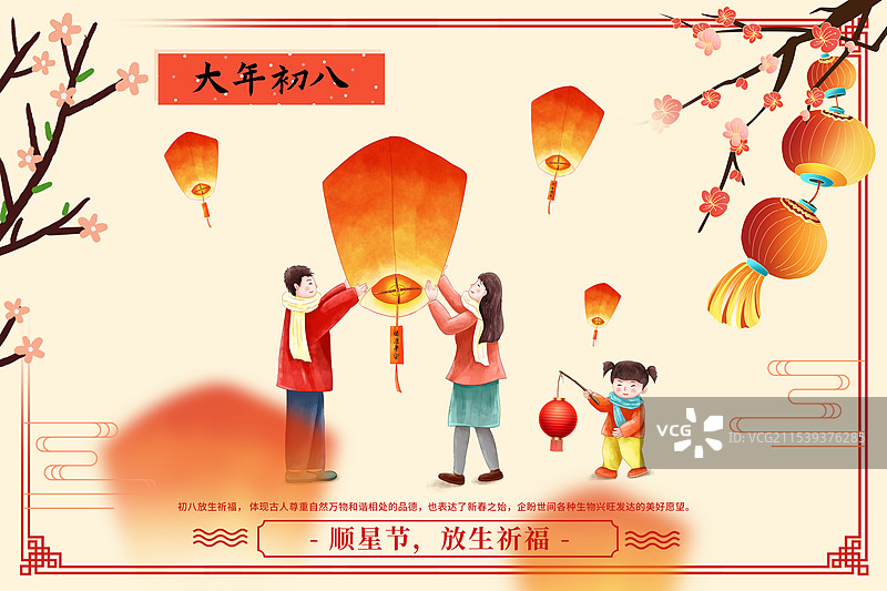 2025年中国新年祝福贺卡年俗年画 大年初八 放生祈福顺星节 一家三口放孔明灯祈福 横版图片素材