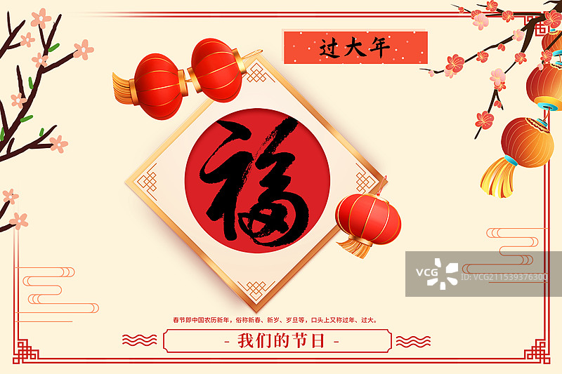 2025年蛇年 中国新年祝福贺卡年画 节日插画海报模版 福字窗花与灯笼 红色背景排版设计 横版图片素材