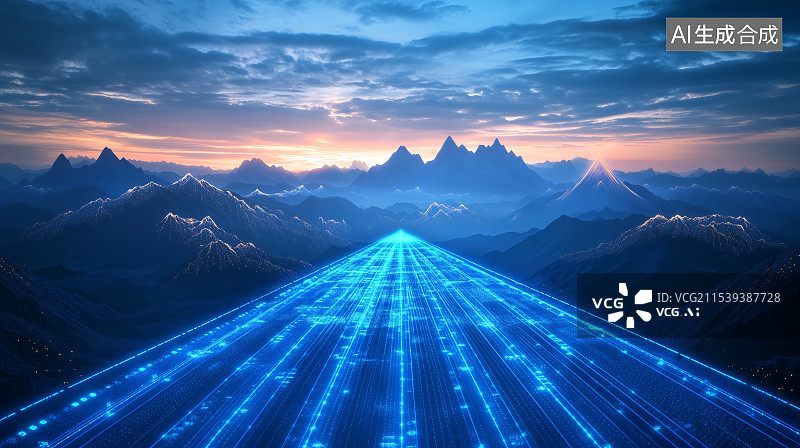 【AI数字艺术】山川间蓝色信息数据通道图片素材