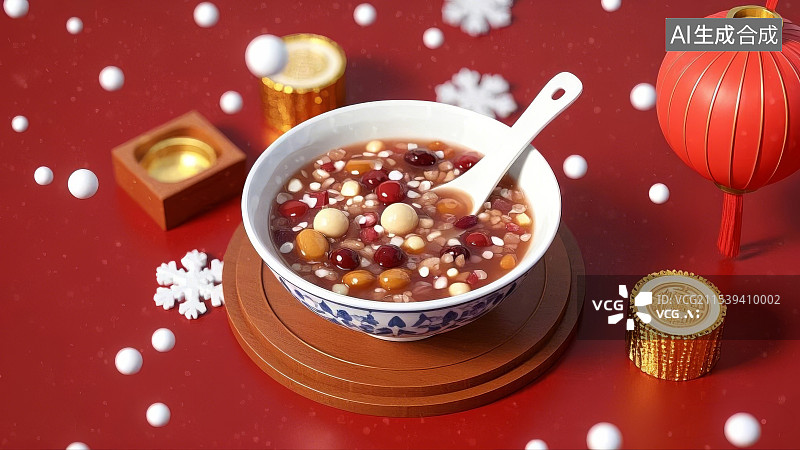 【AI数字艺术】新年题材，八宝粥，腊八粥，除夕，年夜饭，红色背景，中国红图片素材