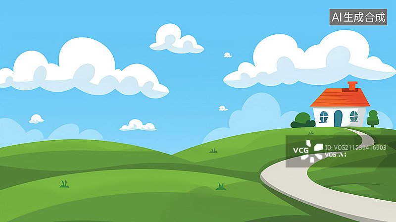 【AI数字艺术】卡通草地小房子插画图片素材