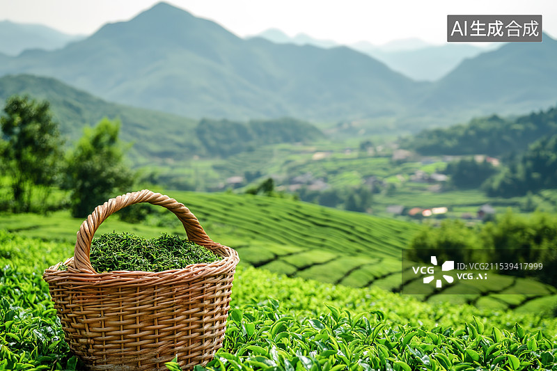 【AI数字艺术】茶园背景下的一篮子茶叶图片素材